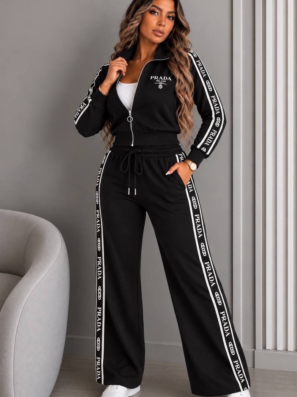 Black Two piece Tracksuit Matching set - Wide Leg size S
